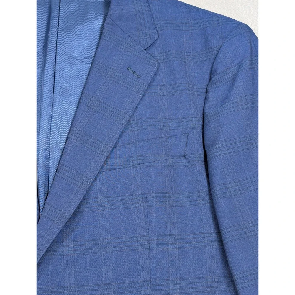 JoS A Bank Reserve Suit Mens 44R Blue Windowpane Glen Plaid Wool Italian Fabric